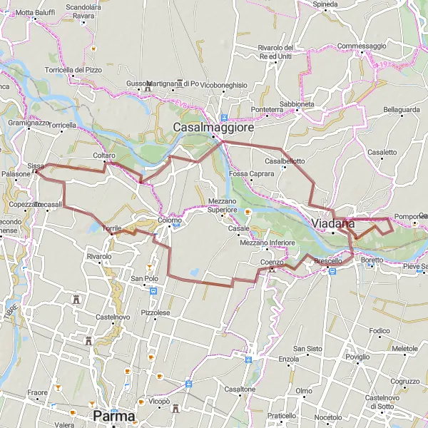 Miniatuurkaart van de fietsinspiratie "Fiume Po - Casalfoschino Gravelroute" in Emilia-Romagna, Italy. Gemaakt door de Tarmacs.app fietsrouteplanner