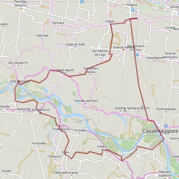 Miniatua del mapa de inspiración ciclista "Ruta de gravilla a lo largo del río Po" en Emilia-Romagna, Italy. Generado por Tarmacs.app planificador de rutas ciclistas