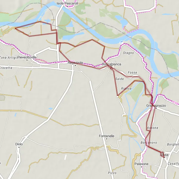 Miniatua del mapa de inspiración ciclista "Aventura Gravel a Roccabianca" en Emilia-Romagna, Italy. Generado por Tarmacs.app planificador de rutas ciclistas
