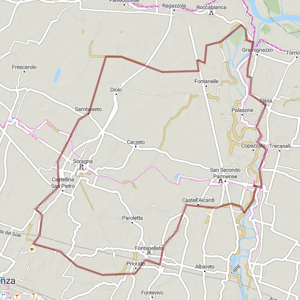 Map miniature of "Trecasali Gravel" cycling inspiration in Emilia-Romagna, Italy. Generated by Tarmacs.app cycling route planner