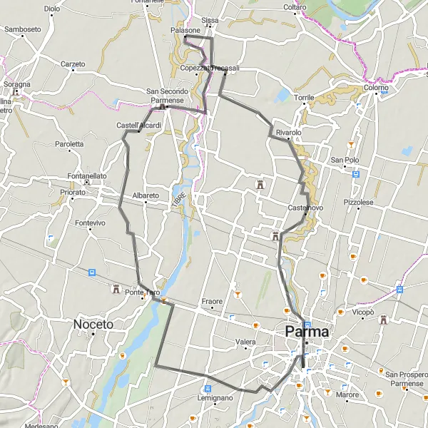 Zemljevid v pomanjšavi "Kolesarjenje od Sisse do Copezzata" kolesarske inspiracije v Emilia-Romagna, Italy. Generirano z načrtovalcem kolesarskih poti Tarmacs.app