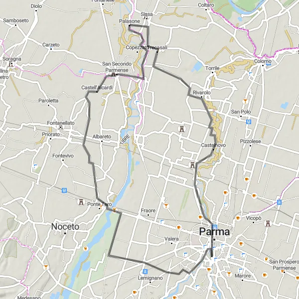 Miniaturní mapa "Cyklotrasa kolem Sissy a Parmy" inspirace pro cyklisty v oblasti Emilia-Romagna, Italy. Vytvořeno pomocí plánovače tras Tarmacs.app