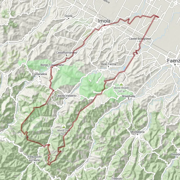 Karttaminiaatyyri "Maastopyöräreitti Solarolosta Monte Battagliaan" pyöräilyinspiraatiosta alueella Emilia-Romagna, Italy. Luotu Tarmacs.app pyöräilyreittisuunnittelijalla