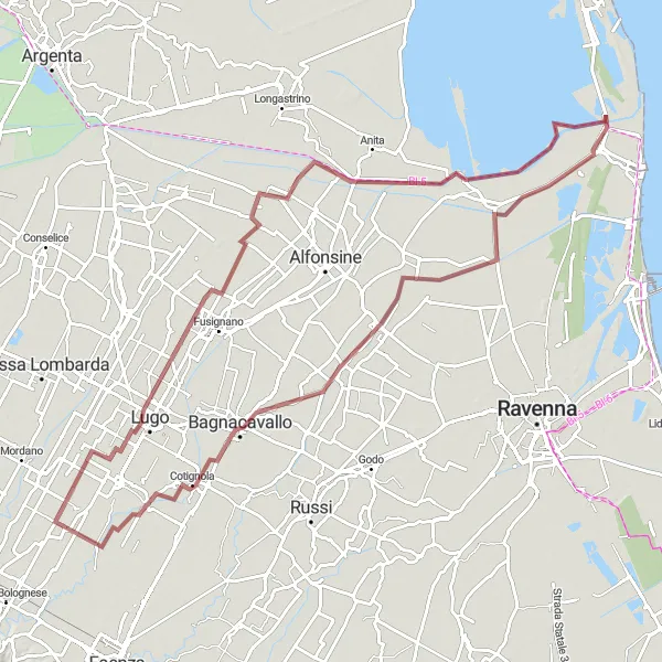 Mapa miniatúra "Gravel Bike Route Solarolo - Emilia-Romagna" cyklistická inšpirácia v Emilia-Romagna, Italy. Vygenerované cyklistickým plánovačom trás Tarmacs.app