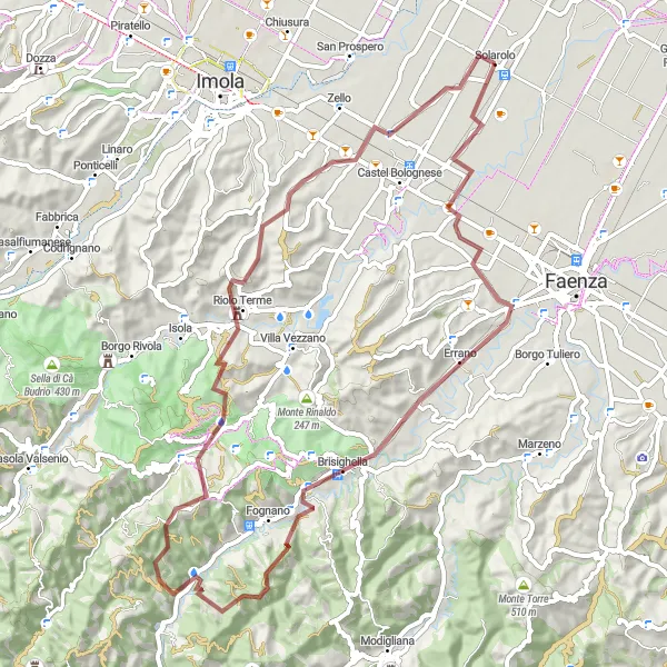 Mapa miniatúra "Challenging Gravel Adventure near Solarolo" cyklistická inšpirácia v Emilia-Romagna, Italy. Vygenerované cyklistickým plánovačom trás Tarmacs.app