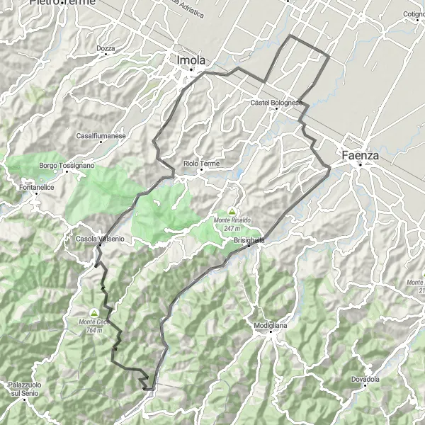 Miniatua del mapa de inspiración ciclista "Ruta de ciclismo en carretera desde Solarolo a través de Monte del Ballo" en Emilia-Romagna, Italy. Generado por Tarmacs.app planificador de rutas ciclistas