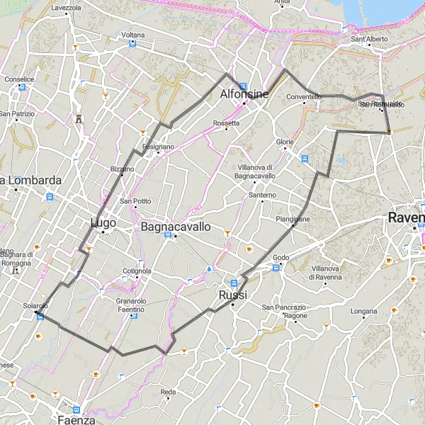 Mapa miniatúra "Cyklotrasa cez Lugo a Pieve Cesato" cyklistická inšpirácia v Emilia-Romagna, Italy. Vygenerované cyklistickým plánovačom trás Tarmacs.app