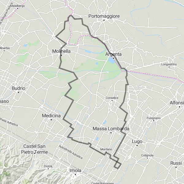 Kartminiatyr av "Opplev Emilia-Romagnas landlige skjønnhet på sykkel" sykkelinspirasjon i Emilia-Romagna, Italy. Generert av Tarmacs.app sykkelrutoplanlegger