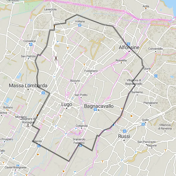 Mapa miniatúra "Cyklistická trasa cez Sant'Agata sul Santerno a Granarolo Faentino" cyklistická inšpirácia v Emilia-Romagna, Italy. Vygenerované cyklistickým plánovačom trás Tarmacs.app