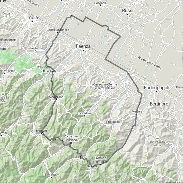 Mapa miniatúra "Cyklistická trasa Monte Corno" cyklistická inšpirácia v Emilia-Romagna, Italy. Vygenerované cyklistickým plánovačom trás Tarmacs.app