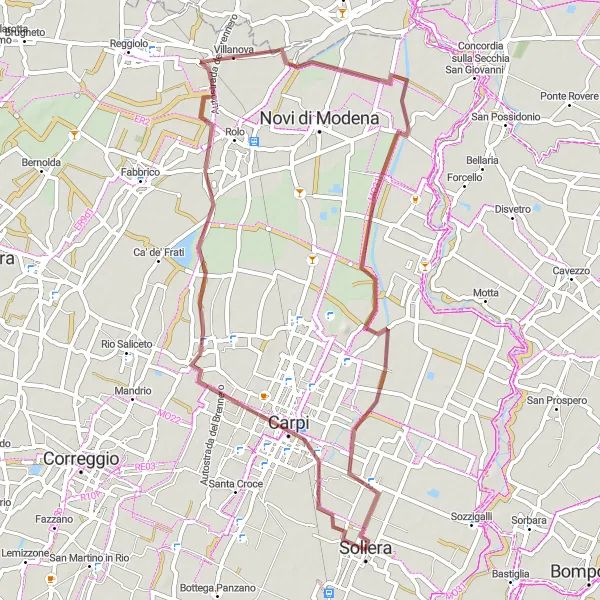 Mapa miniatúra "Gravelová trasa cez Carpi, Migliarina a Limidi di Soliera" cyklistická inšpirácia v Emilia-Romagna, Italy. Vygenerované cyklistickým plánovačom trás Tarmacs.app