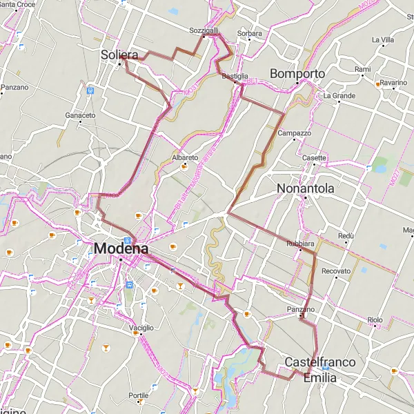 Mapa miniatúra "Gravelový okruh Soliera - Modena" cyklistická inšpirácia v Emilia-Romagna, Italy. Vygenerované cyklistickým plánovačom trás Tarmacs.app