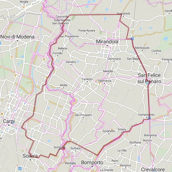 Miniatura della mappa di ispirazione al ciclismo "Giro in gravel attraverso Rovereto sulla Secchia, Concordia sulla Secchia, San Felice sul Panaro, Camposanto e Sozzigalli" nella regione di Emilia-Romagna, Italy. Generata da Tarmacs.app, pianificatore di rotte ciclistiche