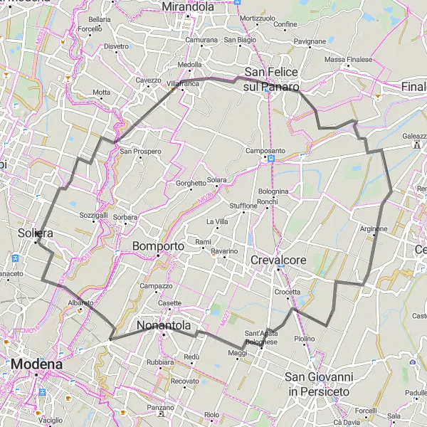 Miniatura della mappa di ispirazione al ciclismo "Giro in bici a Soliera e dintorni" nella regione di Emilia-Romagna, Italy. Generata da Tarmacs.app, pianificatore di rotte ciclistiche