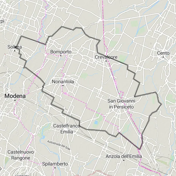Mapa miniatúra "Trasa s výhľadom na Crevalcore, Padulle a Manzolino" cyklistická inšpirácia v Emilia-Romagna, Italy. Vygenerované cyklistickým plánovačom trás Tarmacs.app
