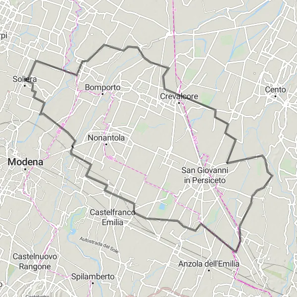 Miniatura della mappa di ispirazione al ciclismo "Percorso in bicicletta da Soliera a Soliera" nella regione di Emilia-Romagna, Italy. Generata da Tarmacs.app, pianificatore di rotte ciclistiche