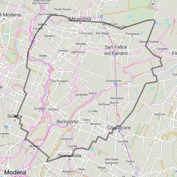 Miniatua del mapa de inspiración ciclista "Ruta de ciclismo de carretera Rovereto sulla Secchia - Massa Finalese" en Emilia-Romagna, Italy. Generado por Tarmacs.app planificador de rutas ciclistas