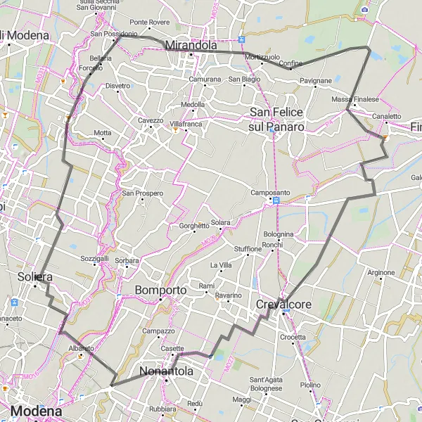 Karttaminiaatyyri "Soliera - Massa Finalese - Crevalcore - Albareto kierros" pyöräilyinspiraatiosta alueella Emilia-Romagna, Italy. Luotu Tarmacs.app pyöräilyreittisuunnittelijalla