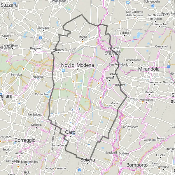 Miniatura della mappa di ispirazione al ciclismo "Giro in bicicletta attraverso Migliarina, Disvetro e Ponte Motta" nella regione di Emilia-Romagna, Italy. Generata da Tarmacs.app, pianificatore di rotte ciclistiche