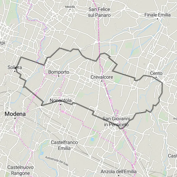 Miniatura mapy "Trasa rowerowa od Soliera do San Giovanni in Persiceto" - trasy rowerowej w Emilia-Romagna, Italy. Wygenerowane przez planer tras rowerowych Tarmacs.app