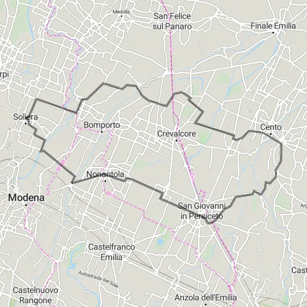 Miniatura della mappa di ispirazione al ciclismo "Giro in bicicletta da Soliera attraverso San Giovanni in Persiceto" nella regione di Emilia-Romagna, Italy. Generata da Tarmacs.app, pianificatore di rotte ciclistiche