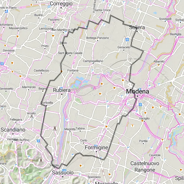 Mapa miniatúra "Cesta do Modeny a zpět" cyklistická inšpirácia v Emilia-Romagna, Italy. Vygenerované cyklistickým plánovačom trás Tarmacs.app