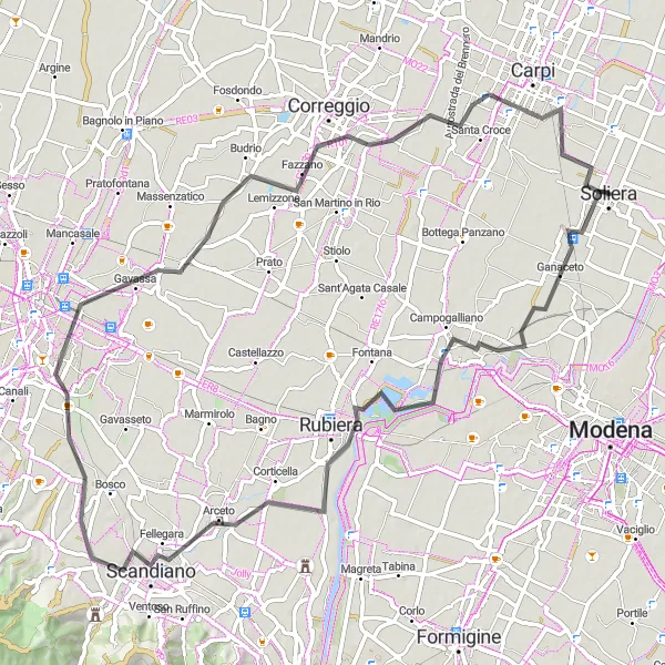 Miniatura della mappa di ispirazione al ciclismo "Giro in bicicletta da Soliera a Campogalliano, Rubiera e Scandiano" nella regione di Emilia-Romagna, Italy. Generata da Tarmacs.app, pianificatore di rotte ciclistiche