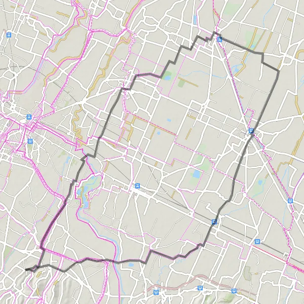 Miniatua del mapa de inspiración ciclista "Ruta San Donnino - Nonantola - Crevalcore - Calcara - Spilamberto" en Emilia-Romagna, Italy. Generado por Tarmacs.app planificador de rutas ciclistas