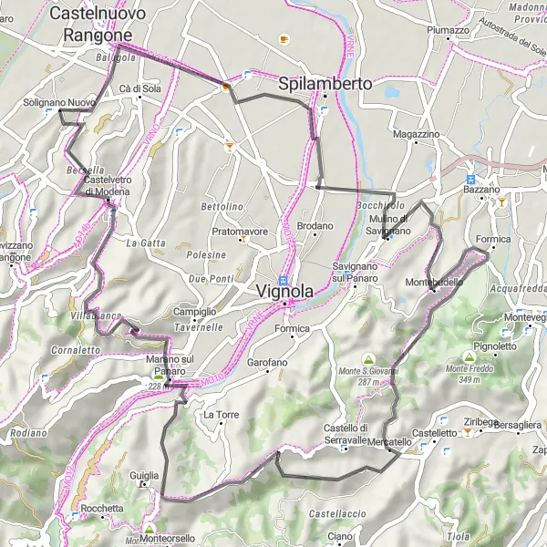 Miniaturekort af cykelinspirationen "Settecani-Montebudello-Monte Caverna-Guiglia" i Emilia-Romagna, Italy. Genereret af Tarmacs.app cykelruteplanlægger