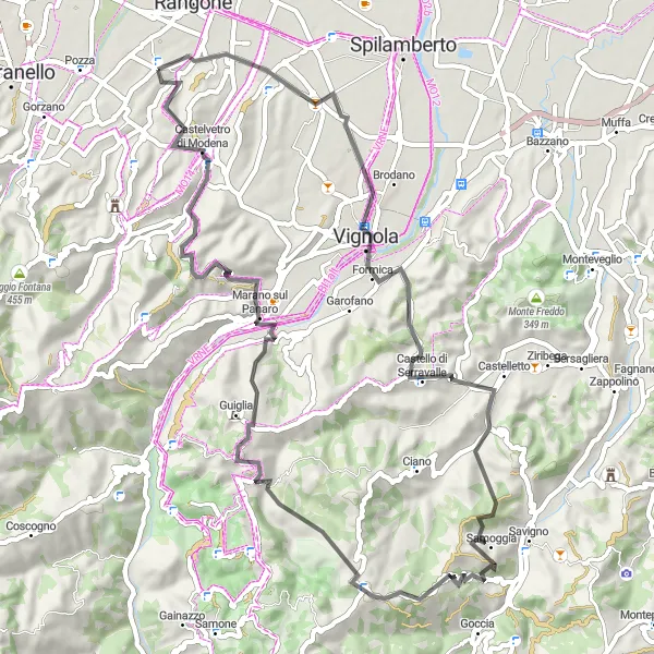 Mapa miniatúra "Cyklotrasa cez hrad Rocca di Vignola" cyklistická inšpirácia v Emilia-Romagna, Italy. Vygenerované cyklistickým plánovačom trás Tarmacs.app