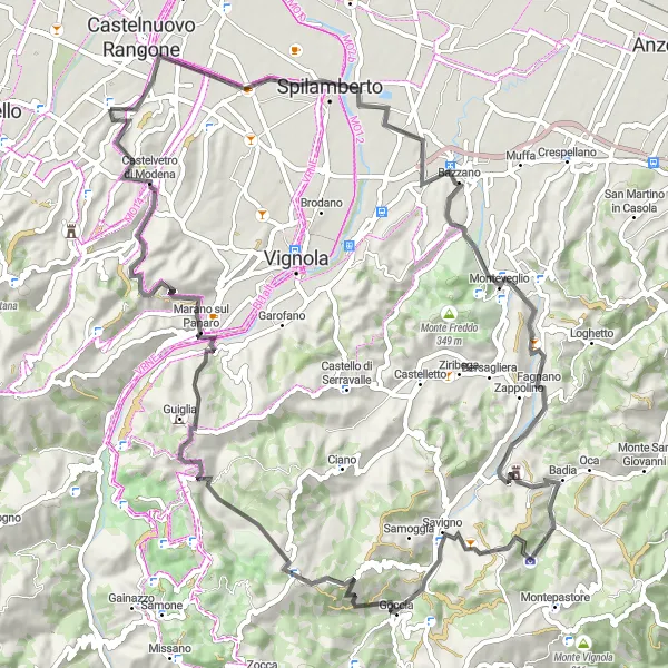 Miniaturní mapa "Výlet kolem Monte Specchio" inspirace pro cyklisty v oblasti Emilia-Romagna, Italy. Vytvořeno pomocí plánovače tras Tarmacs.app