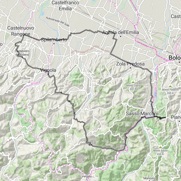 Zemljevid v pomanjšavi "Kolesarska pot Palazzo de Rossi" kolesarske inspiracije v Emilia-Romagna, Italy. Generirano z načrtovalcem kolesarskih poti Tarmacs.app