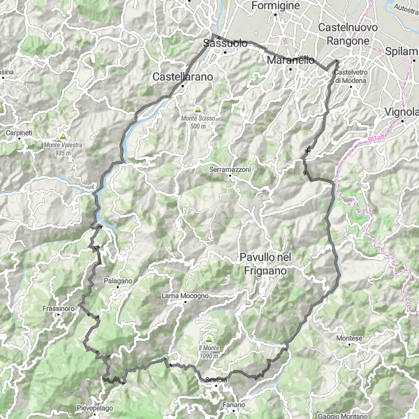 Miniatua del mapa de inspiración ciclista "Desafiante Ruta de Ciclismo de Carretera por Montañas y Valles" en Emilia-Romagna, Italy. Generado por Tarmacs.app planificador de rutas ciclistas