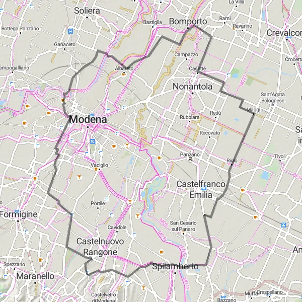 Miniatura della mappa di ispirazione al ciclismo "Giro in bicicletta da Solignano Nuovo attraverso Montale Rangone e Spilamberto" nella regione di Emilia-Romagna, Italy. Generata da Tarmacs.app, pianificatore di rotte ciclistiche