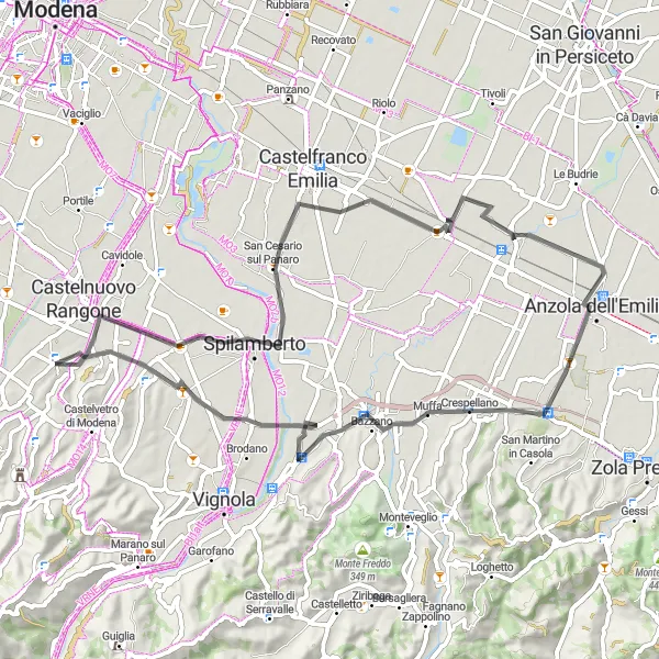 Miniatua del mapa de inspiración ciclista "Ruta Escénica de Ciclismo de Carretera a través de Settecani y Cà di Sola" en Emilia-Romagna, Italy. Generado por Tarmacs.app planificador de rutas ciclistas