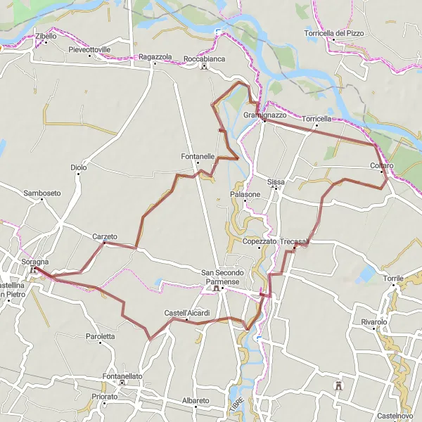 Miniaturní mapa "Gravelový výlet kolem Carzeta až do Soragny" inspirace pro cyklisty v oblasti Emilia-Romagna, Italy. Vytvořeno pomocí plánovače tras Tarmacs.app