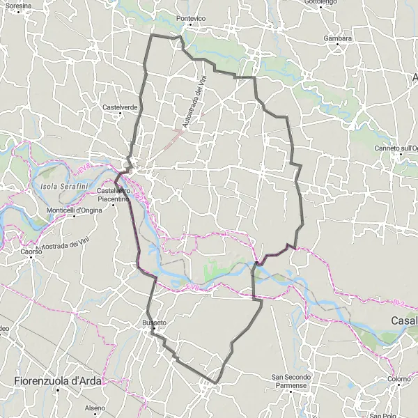 Miniatura della mappa di ispirazione al ciclismo "Busseto - Diolo" nella regione di Emilia-Romagna, Italy. Generata da Tarmacs.app, pianificatore di rotte ciclistiche