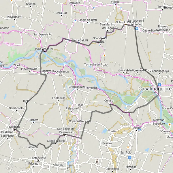 Miniaturní mapa "Kulturní cesta do Diola" inspirace pro cyklisty v oblasti Emilia-Romagna, Italy. Vytvořeno pomocí plánovače tras Tarmacs.app