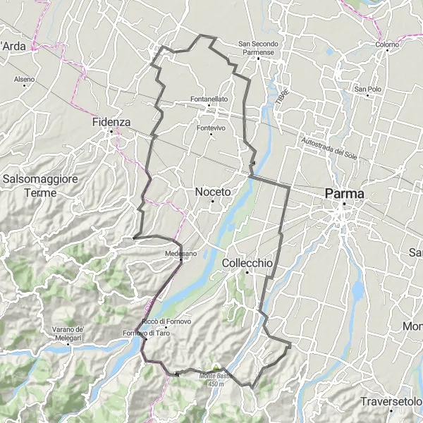 Map miniature of "Tough Road Adventure to Felino" cycling inspiration in Emilia-Romagna, Italy. Generated by Tarmacs.app cycling route planner