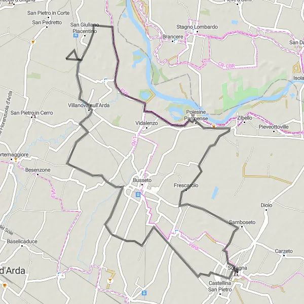 Miniatua del mapa de inspiración ciclista "Ruta de ciclismo de carretera cerca de Soragna" en Emilia-Romagna, Italy. Generado por Tarmacs.app planificador de rutas ciclistas
