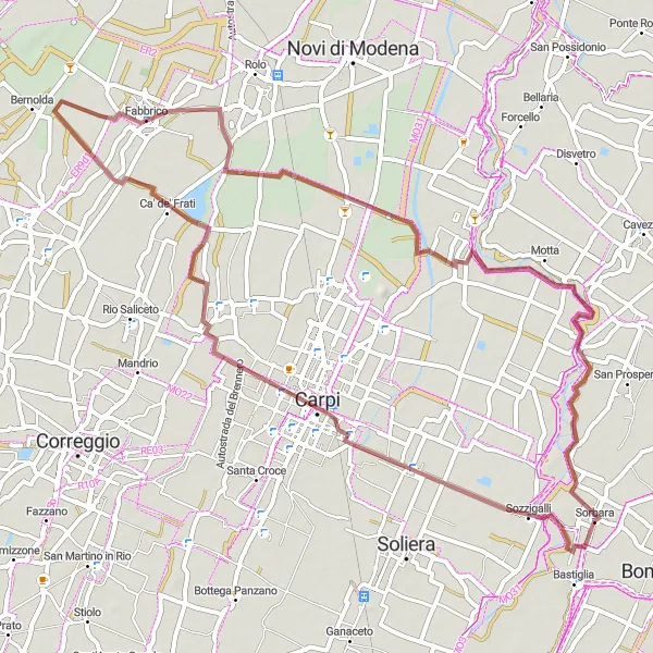 Miniatua del mapa de inspiración ciclista "Ruta de Sorbara a Ponte Motta" en Emilia-Romagna, Italy. Generado por Tarmacs.app planificador de rutas ciclistas