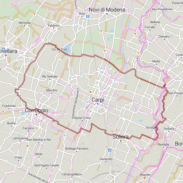 Miniatura della mappa di ispirazione al ciclismo "Giro in Gravel da Sorbara a Soliera" nella regione di Emilia-Romagna, Italy. Generata da Tarmacs.app, pianificatore di rotte ciclistiche