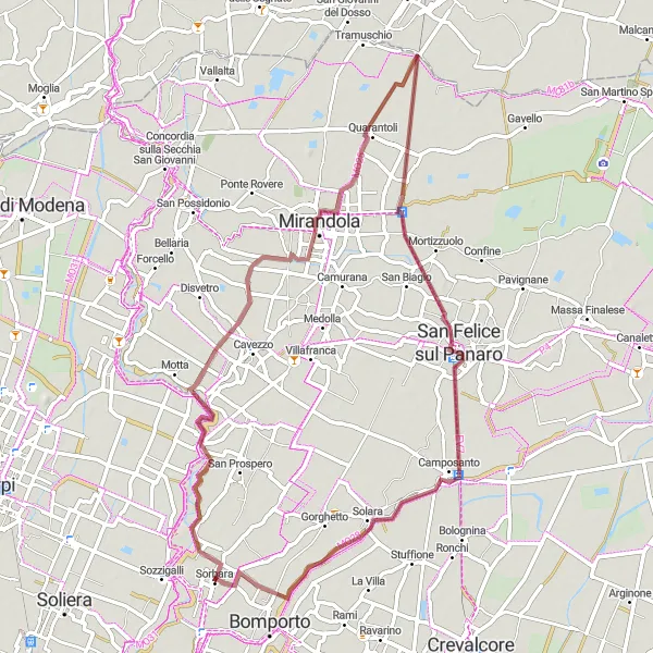Mapa miniatúra "Krásy Mirandoly a Quarantoli" cyklistická inšpirácia v Emilia-Romagna, Italy. Vygenerované cyklistickým plánovačom trás Tarmacs.app