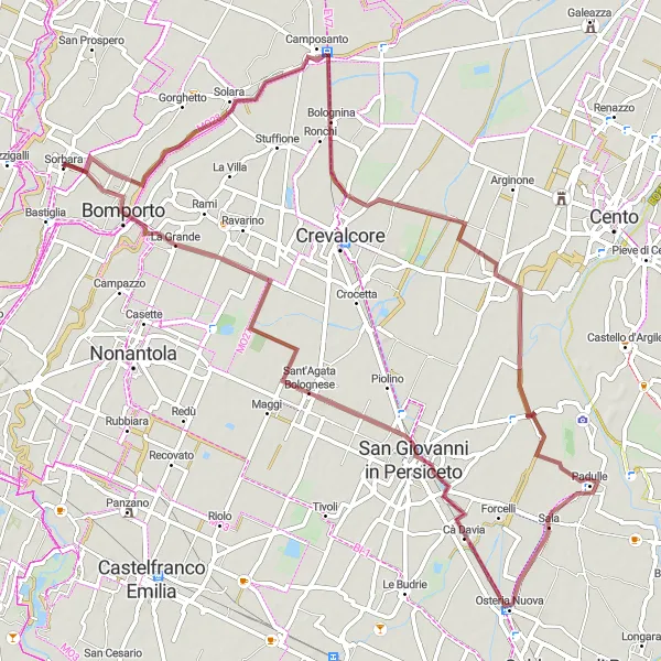 Miniatua del mapa de inspiración ciclista "Ruta de grava Camposanto - Bomporto" en Emilia-Romagna, Italy. Generado por Tarmacs.app planificador de rutas ciclistas