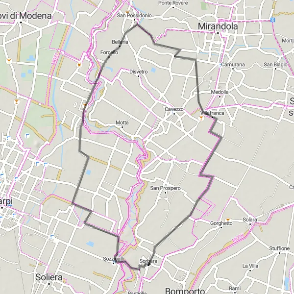 Kartminiatyr av "Oppdagelse av italiensk landsbygd på landevei" sykkelinspirasjon i Emilia-Romagna, Italy. Generert av Tarmacs.app sykkelrutoplanlegger