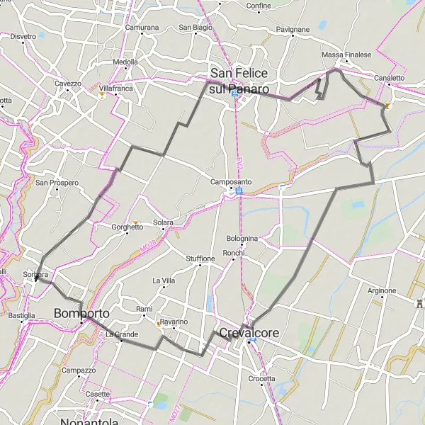 Kartminiatyr av "Vägcykling till Crevalcore" cykelinspiration i Emilia-Romagna, Italy. Genererad av Tarmacs.app cykelruttplanerare