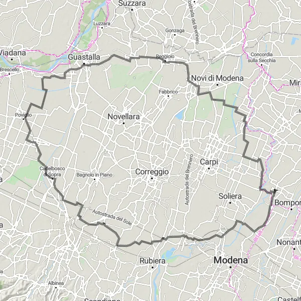 Miniatua del mapa de inspiración ciclista "Ruta de Sorbara a Sozzigalli" en Emilia-Romagna, Italy. Generado por Tarmacs.app planificador de rutas ciclistas