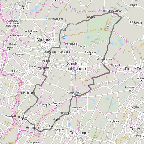 Miniatua del mapa de inspiración ciclista "Ruta por carretera Medolla - Bomporto" en Emilia-Romagna, Italy. Generado por Tarmacs.app planificador de rutas ciclistas