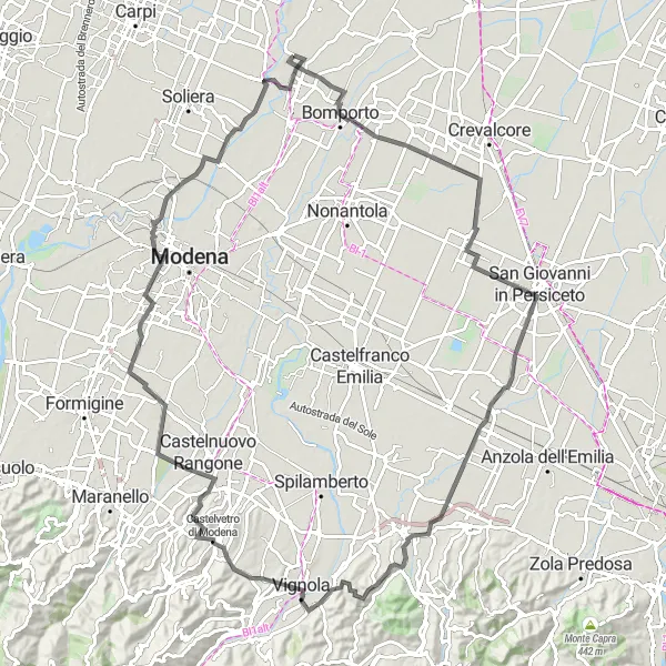 Karttaminiaatyyri "Tieajelu Bomportoon" pyöräilyinspiraatiosta alueella Emilia-Romagna, Italy. Luotu Tarmacs.app pyöräilyreittisuunnittelijalla
