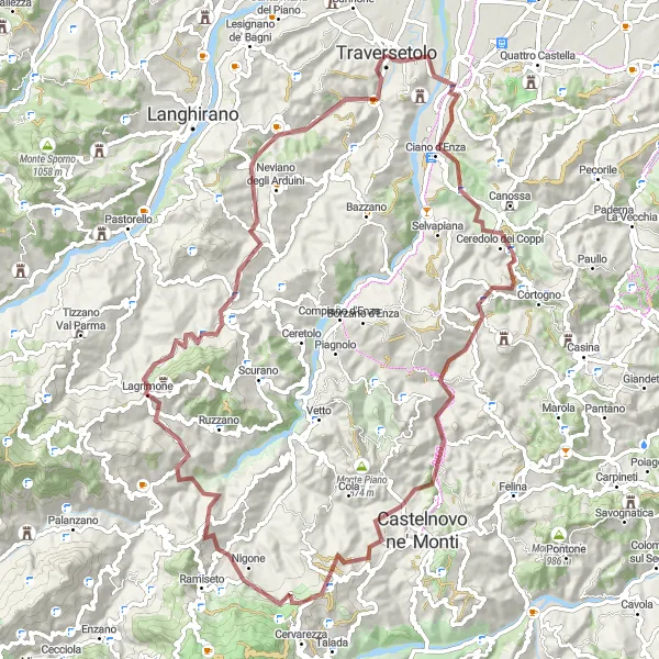 Zemljevid v pomanjšavi "Raziščite divjo stran Emilia-Romagne" kolesarske inspiracije v Emilia-Romagna, Italy. Generirano z načrtovalcem kolesarskih poti Tarmacs.app